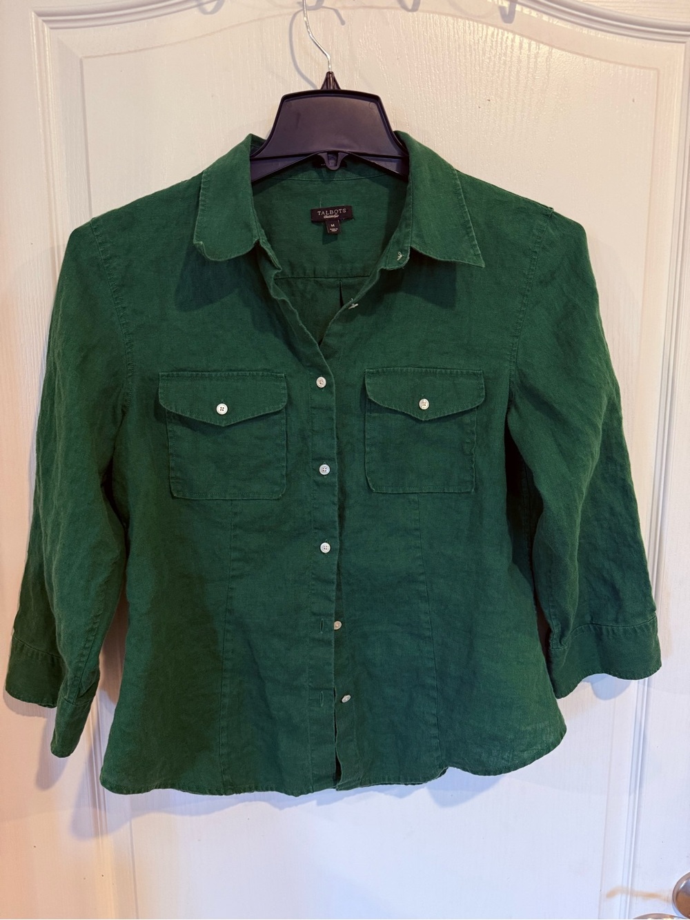 Talbots women’s green 3/4 sleeve button up shirt 100% linen medium